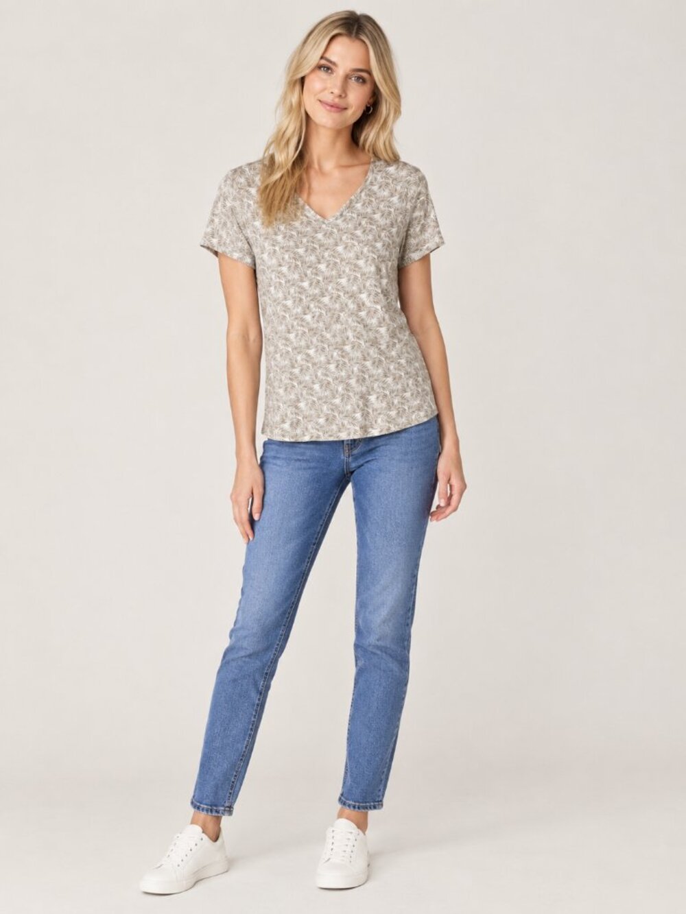 2/$30 Chico's Palm Print Notched Short Sleeve Tee Ecru Beige 12 #A4978